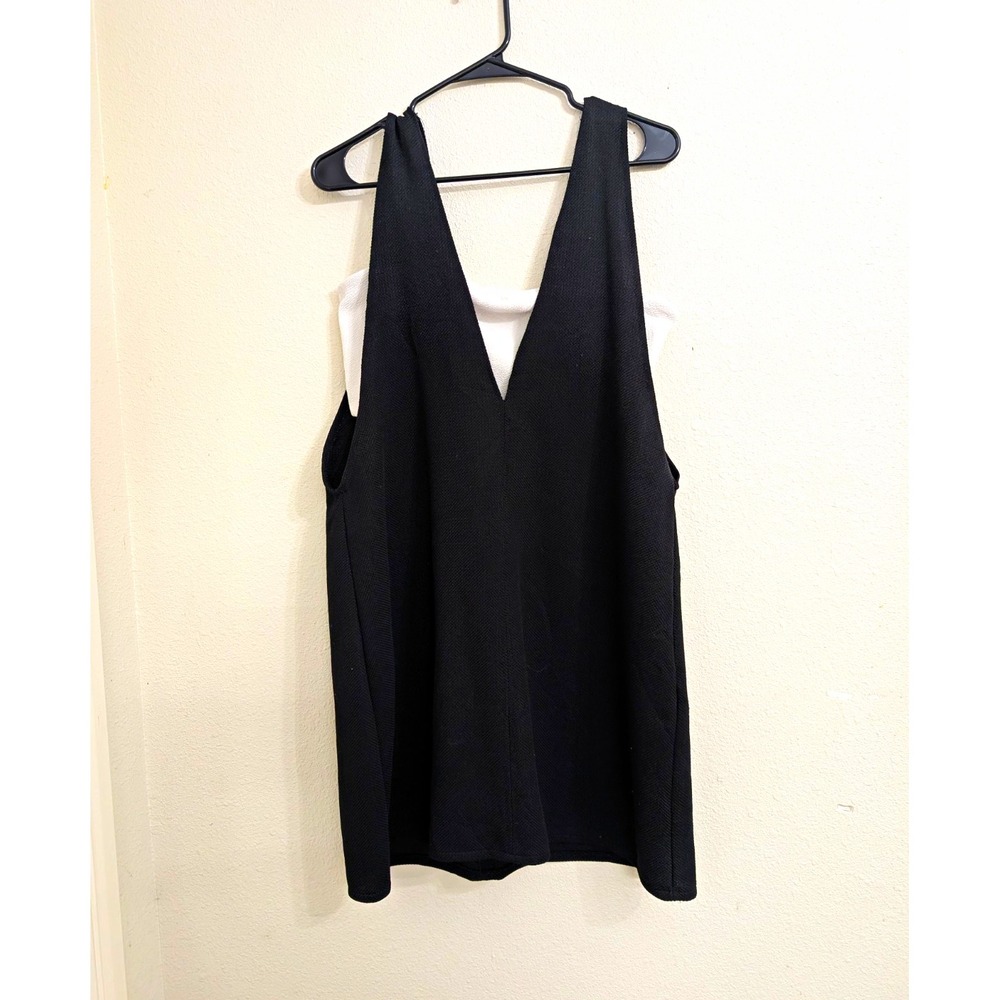 Zara Womens L Black Textured Pinafore Dress V Neck Sleeveless Shift Pockets